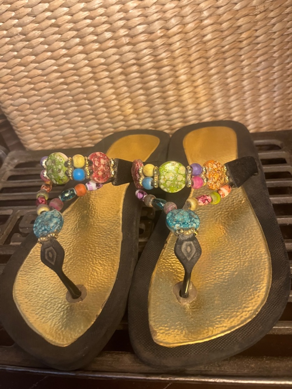 Gold Footbed Beaded Thong Sandals for Women - Multicolor